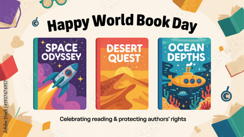 World book day celebration with colorful book covers and reading accessories