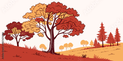 A colorful pixel art landscape with trees on a hill Vector