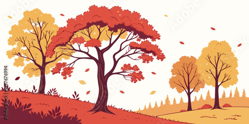 A colorful illustration of trees on a hill during autumn Vector