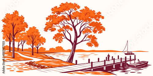 A serene autumn scene with trees and a dock Vector