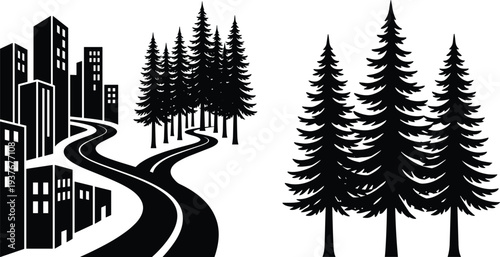 Urban city road leading to pine forest silhouette vector illustration set, concept of nature escape and travel from modern city to woodland