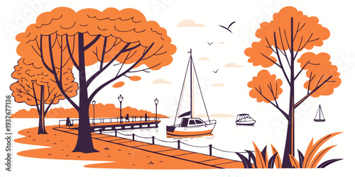 A scenic autumn landscape with trees and a dock Vector