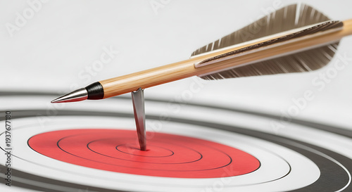Close up view of arrow splitting another arrow on red bullseye target showing incredible marksmanship