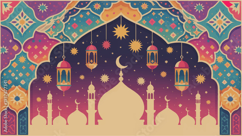 Vibrant ramadan night scene with mosque silhouettes lanterns and stars under colorful archway