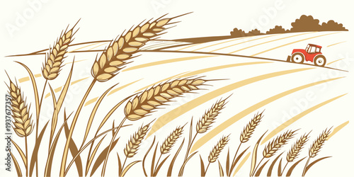 A red tractor drives through a wheat field on a sunny day Vector