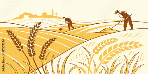 Farmers working in a wheat field on a sunny day Vector
