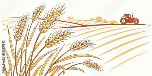 A tractor driving through a wheat field on a sunny day Vector