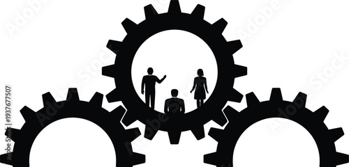 Business teamwork concept with people inside gear wheels silhouette vector illustration, collaboration, organization and corporate workflow mechanism