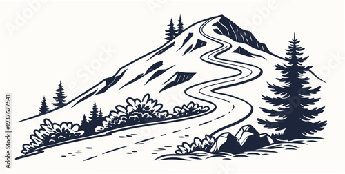 A winding road leading to a mountain with trees Vector
