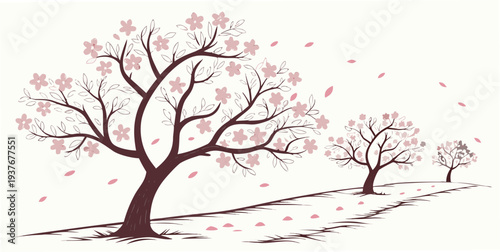 A serene landscape with blooming trees and falling petals Vector
