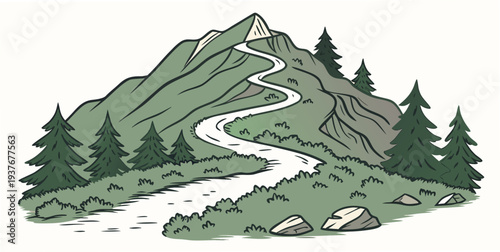 A winding river runs through a green valley and up a mountain Vector