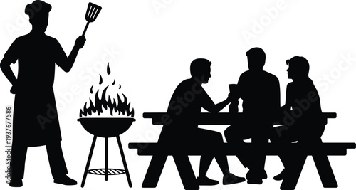 Barbecue chef grilling food while friends sitting at picnic table silhouette vector illustration, outdoor BBQ party and social gathering concept