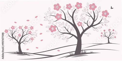 A serene landscape with blooming cherry blossom trees Vector