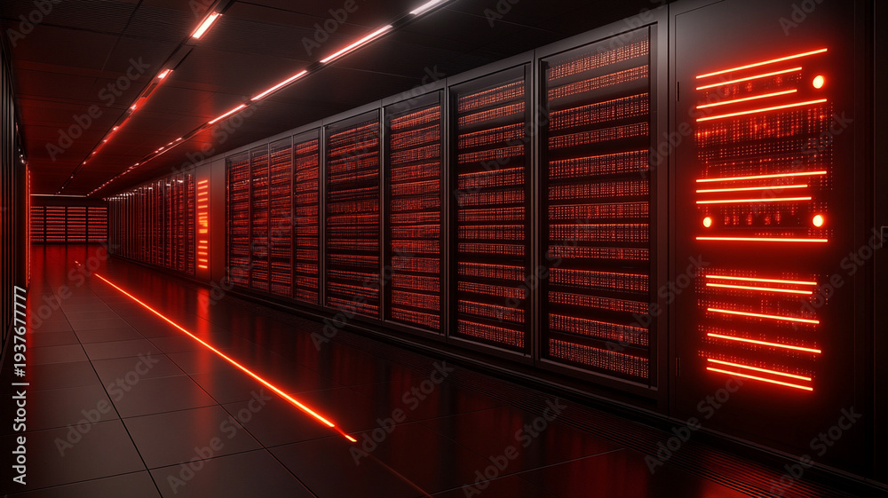 Fototapeta premium Futuristic data center with glowing red lights, secure server racks, modern technology interior