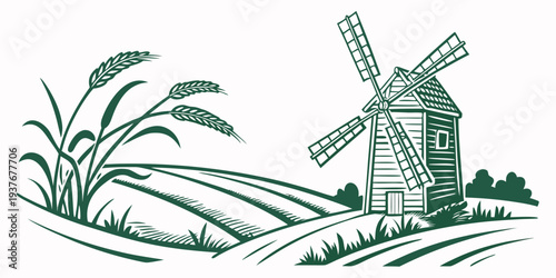 A green illustration of a windmill in a field of crops Vector