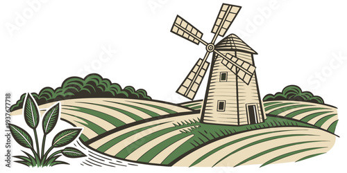 A windmill standing tall in a field of green and yellow crops Vector
