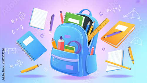 Colorful school backpack with books pencils and notebooks floating around it on purple background