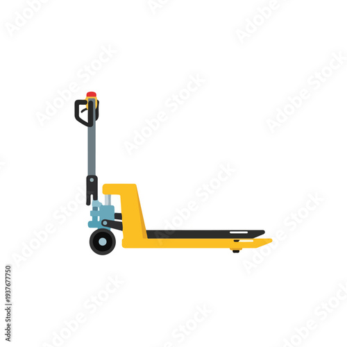 Yellow pallet truck with black wheels and handle on white background