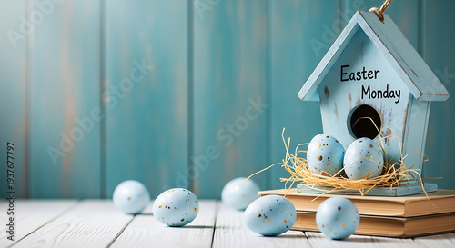 Blue wooden house with Easter Monday text and speckled eggs on a book