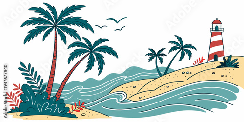 A beach scene with a lighthouse and palm trees Vector