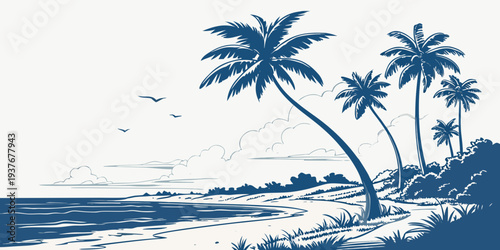 A blue and white image of palm trees on a beach Vector