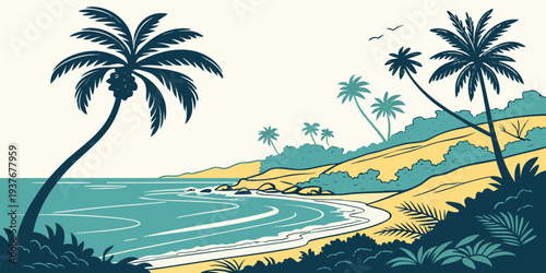 A serene tropical beach with palm trees and calm waters Vector
