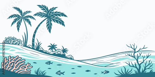 A tropical island scene with palm trees and water Vector
