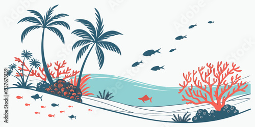 A serene tropical island scene with coral reef and palm trees Vector