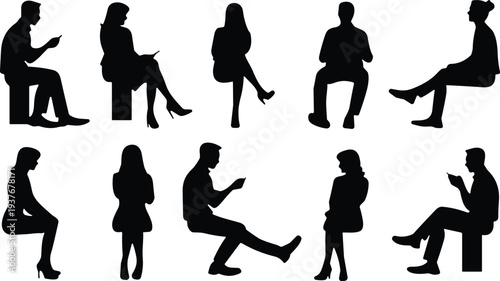 People Sitting with Smartphone Silhouette Collection Young Men and Women Using Mobile Phones Isolated for Lifestyle Design
