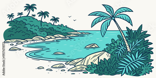 A tropical island with a palm tree and a body of water Vector