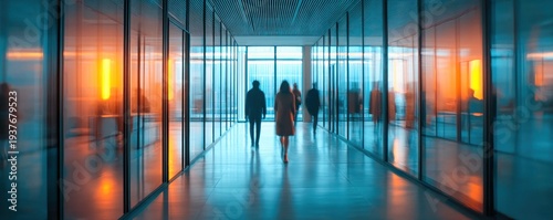 Silhouetted figures strolling through a sleek hallway, bathed in contrasting warm and cool tones.