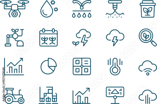 Minimal Line Art Smart Farming and AgriTech Icon Set Featuring Digital Agriculture Technology Elements