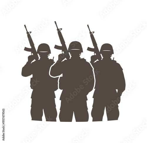 Silhouette of three soldiers holding rifles standing side by side in formation