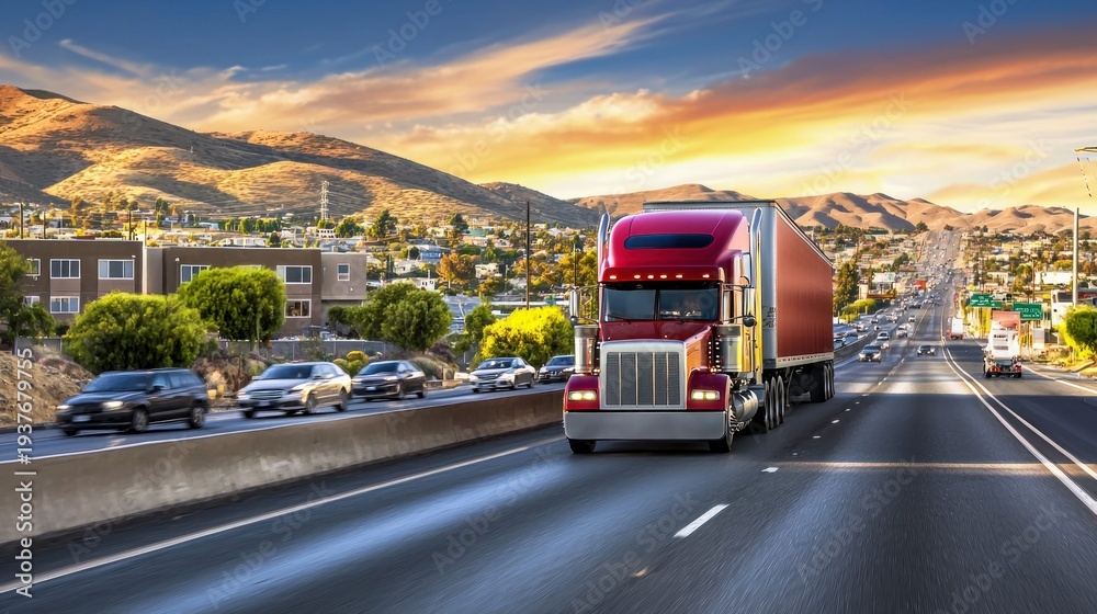 Fototapeta premium Red semi-truck speeding down a highway during a beautiful sunset, delivering goods.