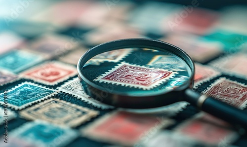 A magnifying glass examining a detailed antique postage stamp within a stamp collection.