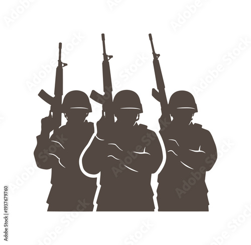 silhouette of three soldiers standing with rifles  military personnel in uniform