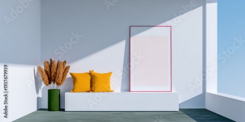 Vertical poster frame mockup leaned on a white wall in a modern boho interior with yellow pillows and pampas grass, minimalist room background for art display