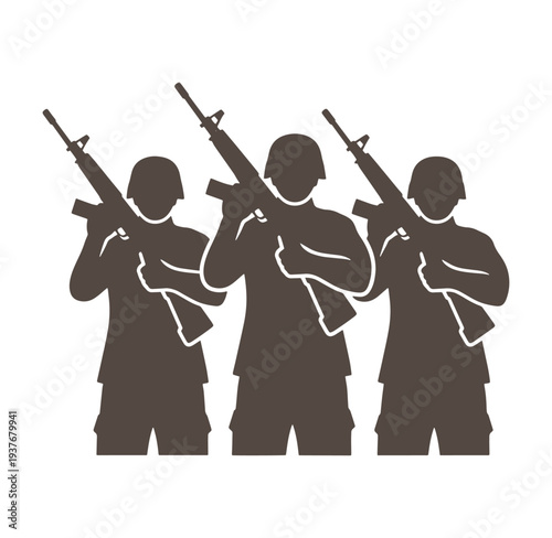 silhouette of three soldiers standing with rifles ready for battle