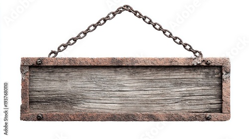 Rustic wooden sign with rusty metal frame hanging from a heavy chain