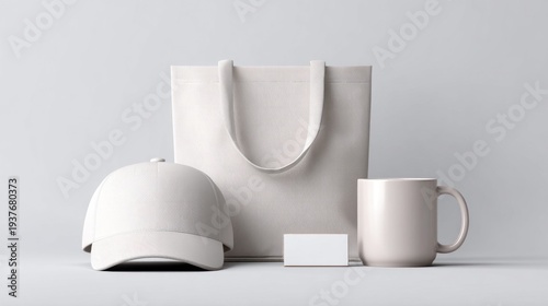 Blank promotional merchandise set including a tote bag, cap, mug, and business card