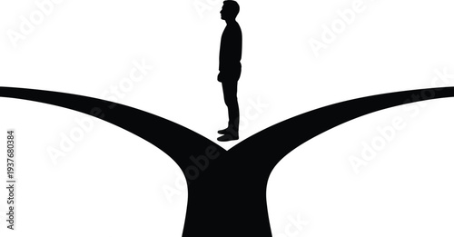 Man standing at crossroads silhouette vector illustration, decision making and life choice concept with person choosing direction path metaphor