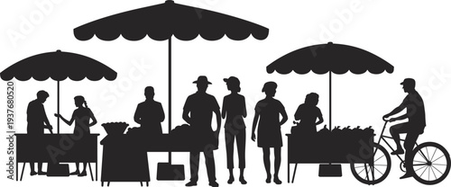 Outdoor farmers market with vendors and customers silhouette vector illustration, local produce stalls under umbrellas with people shopping in community marketplace