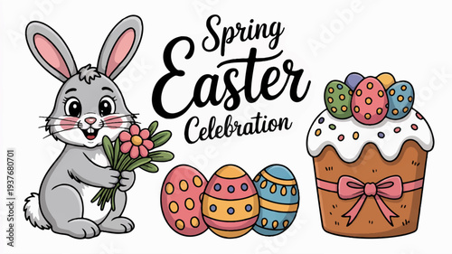 Easter bunny holding flowers with decorated eggs and cake spring celebration