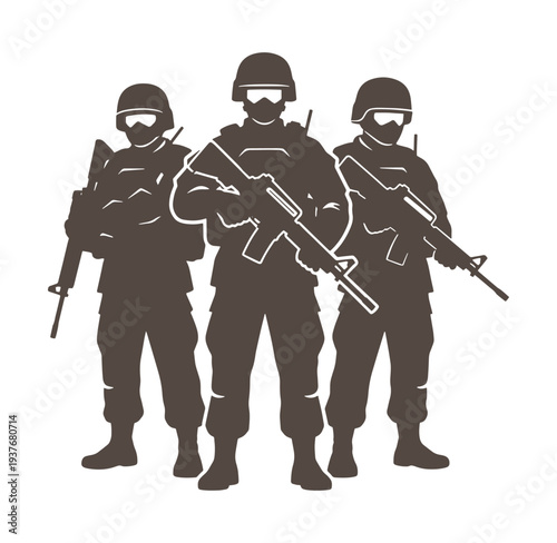 three soldiers standing in a row with guns and helmets on transparent background