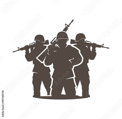 Three soldiers standing in formation with guns  military personnel in tactical stance