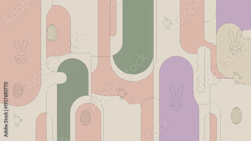 Abstract colorful background with pastel shapes and rounded lines in green purple pink hues