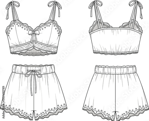 Women’s lingerie set, bralette top, high‑waisted shorts, lace trim, fashion illustration, technical sketch, garment construction, apparel design, clothing template