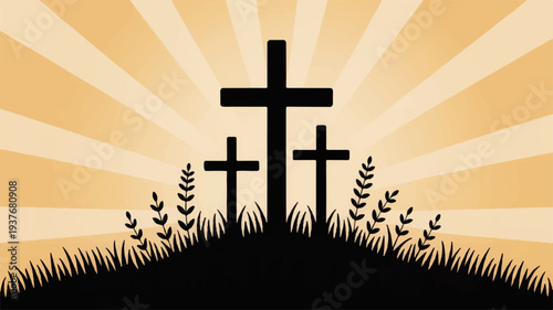 Three black crosses on a hill with grass and plants at sunrise or sunset with orange rays