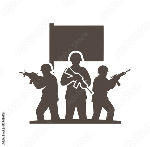 three soldiers with guns and a flag in a military operation