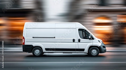 White cargo van speeding down a blurred city street with motion blur effect